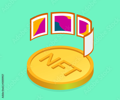 NFT non fungible token. Gold coin NFT and paintings. Crypto art investing concept. NFT art. Crypto art. NFT gallery. NFT marketplace. Vector illustration.