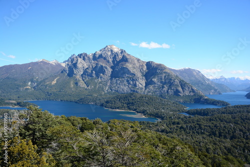 Vista del Lago Nahuel Huapi y montañas desde el Cerrito Llao Llao en Bariloche, Argentina photo