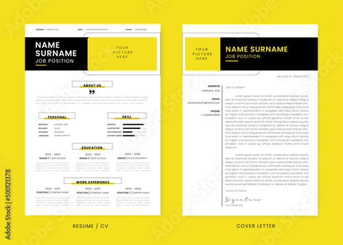 Minimalis CV Resume and Cover Letter Design Template. Super Clean and Clear Professional Modern Design. Stylish Minimalis Elements and Icons with Black and Yellow Color - Vector Template.