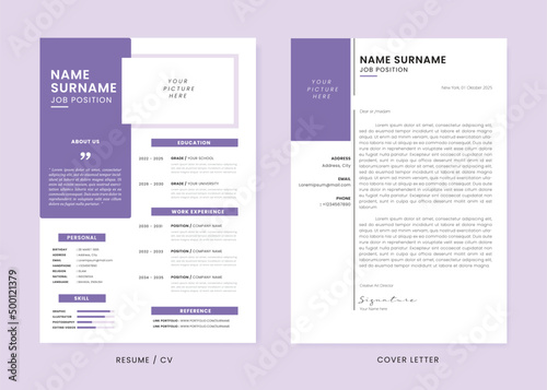 Minimalis CV Resume and Cover Letter Design Template. Super Clean and Clear Professional Modern Design. Stylish Minimalis Elements and Icons with Purple Color - Vector Template photo