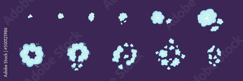 Top view sky blue sprite explosion set. Vector stock illustration isolated on black chalkboard background for animation comic move graphic design. 