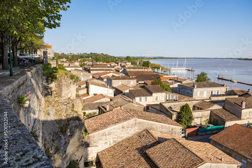 Vue sur la petite ville de Bourg et la Dordogne depuis la Place de l'Arc (Nouvelle-Aquitaine)