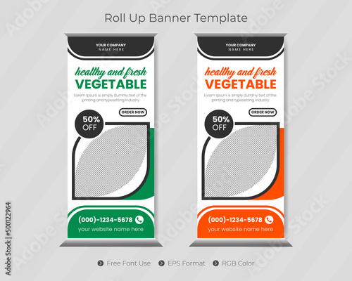 Fast food roll up banner template and restaurant menu design with burger standee roller