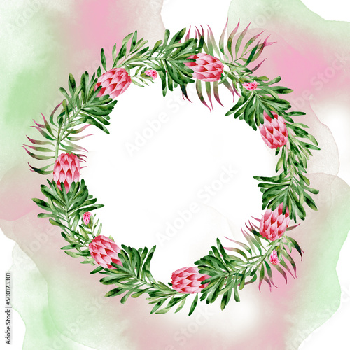 Frame, wreath with watercolor hand-painted proteas and green palm leaves on a background of watercolor smear spots. Vintage floral design template. Frame for wedding invitations, anniversaries