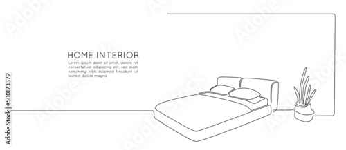 Continuous one line drawing of double bed and potted flor plant. Scandinavian stylish furniture for sleep bedroom in simple Linear style. Editable stroke. Doodle vector illustration