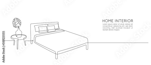 Continuous one line drawing of bed and table with vase with monstera leaf. Scandinavian stylish furniture for sleep bedroom in simple Linear style. Editable stroke. Doodle vector illustration