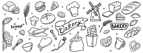 Bakery products and kitchenware for design menu. Outline Hand drawn doodles Bakery Set vector illustration.