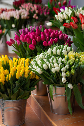 Many different colors on the stand table in the flower shop. Showcase. Background of mix of flowers. Beautiful flowers for catalog or online store. Floral shop and delivery concept.