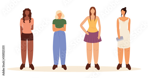 Group of women, different races, dresses, shorts, T-shirts, trousers, skirts, sleeveless T-shirt. Colored flat graphic vector illustration