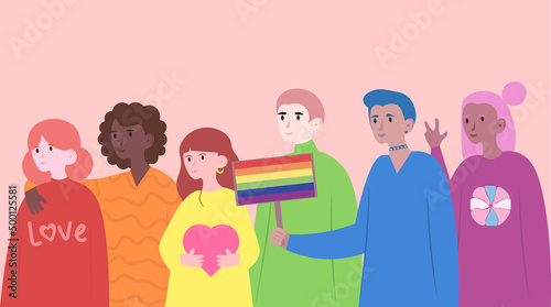 Non-binary international people: lesbians, gays, transgender people, queers and other representatives of the LGBTQ community. Pride Month.Flat vector illustration