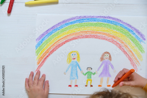 Crop kid drawing LGBT family on table