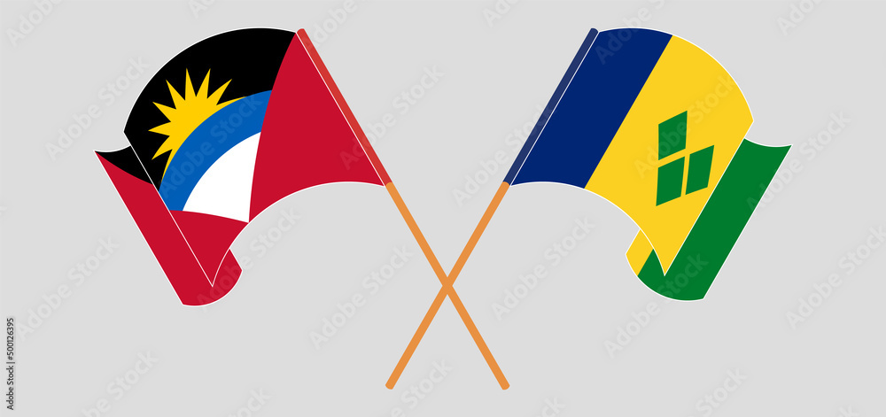 Crossed and waving flags of Antigua and Barbuda and Saint Vincent and the Grenadines