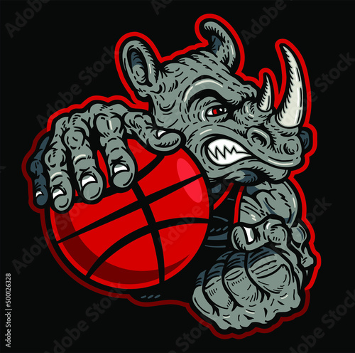 angry rhino mascot holding basketball for school, college or league