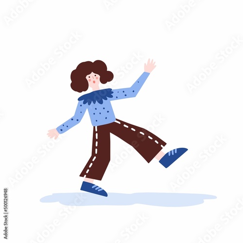 Vector illustration of a girl falling on the wet floor. Warning slippery floor sign.