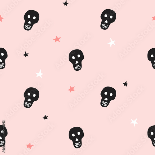 Seamless pattern with skulls. Halloween design for fabric and paper, surface textures. Pastel colors design.