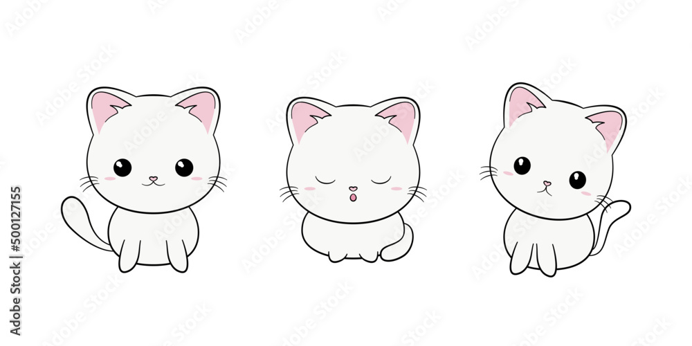 Zestaw trzech białych kotków z dużymi głowami. Koty w różnych pozach - stojący, siedzący i leżący kot. - obrazy, fototapety, plakaty 
