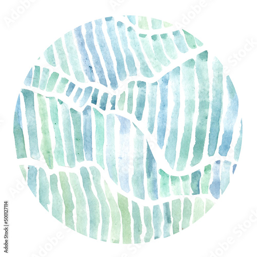 Blue waves. Round abstract watercolor illustration. Poster  postcard.