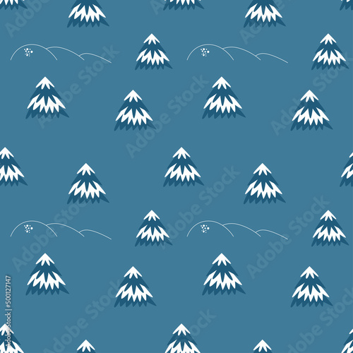 Seamless vector pattern with snowy winter trees on blue background. Modern design for fabric and paper, surface textures.