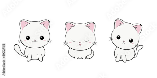 Zestaw trzech białych kotków z dużymi głowami. Koty w różnych pozach - stojący, siedzący i leżący kot.