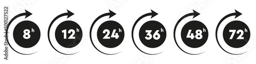 Working Hours Icon set. Vector isolated on white. 8, 12, 24, 36, 48, 72 hours signs.