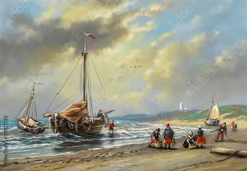 Digital oil paintings sea landscape, boats in the harbor, fishing boats on the beach