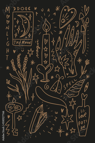 Vector collection of witchcraft cartoon elements green witch magic symbols set