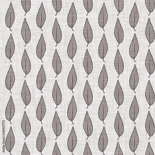 French grey botanical leaf linen seamless pattern with 2 tone country cottage style motif. Simple vintage rustic fabric textile effect. Primitive modern shabby chic kitchen cloth design.