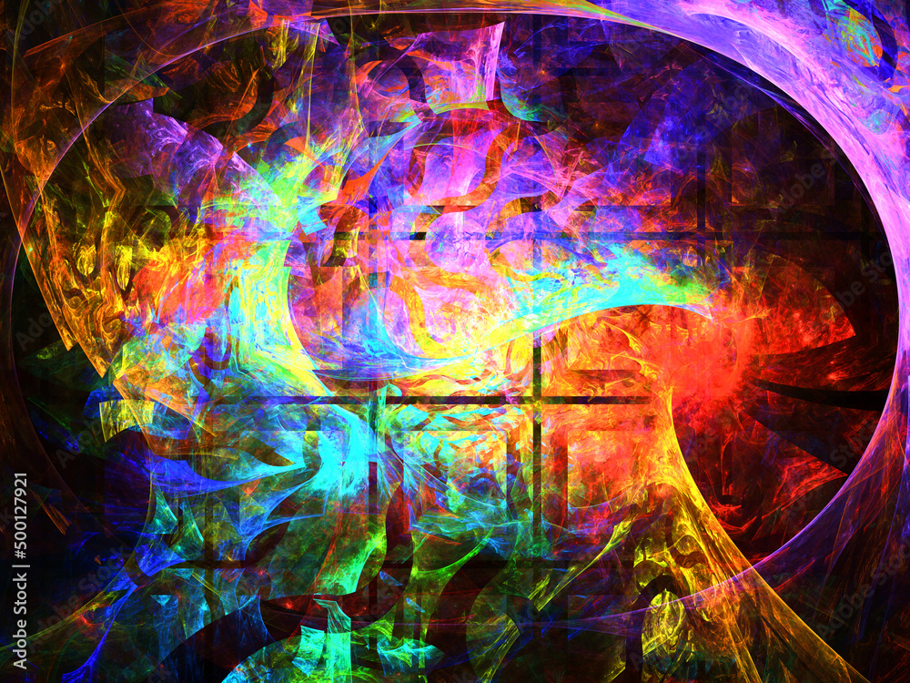 Composición de arte fractal digital consistente en manchas coloridas difuminadas y aglomeradas formando un todo con aspecto de ser una caverna misteriosa con objetos luminosos.