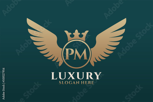 Luxury royal wing Letter PM crest Gold color Logo vector, Victory logo, crest logo, wing logo, vector logo template.