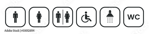 Wc icon set. Set of toilet icons, toilet signs, WC signs. Black flat wc icon set. Male or female restroom wc. Stock vector.