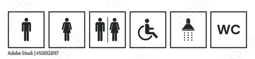 Wc icon set. Set of toilet icons, toilet signs, WC signs. Black flat wc icon set. Male or female restroom wc. Stock vector.