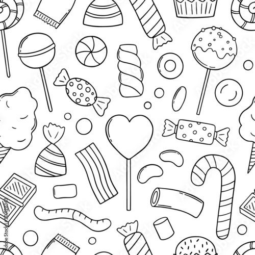 Hand drawn seamless pattern of sweets and candies doodle. Lollipop, caramel, chocolate, marshmallow in sketch style.  Vector illustration.