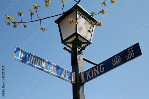 Blue N Union Street and King Street historic sign in downtown Alexandria in Virginia