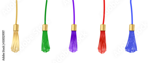 Tassel. Vector fringe or handbag accessory, graduate hat isolated on white background. Multicolor 3d rope with tassel, hanging window curtain decoration element design