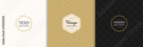 Vector golden minimalist geometric seamless patterns with modern minimal labels. Elegant ornament with small linear flowers, lines, grid. Luxury gold abstract textures set. Trendy minimal backgrounds