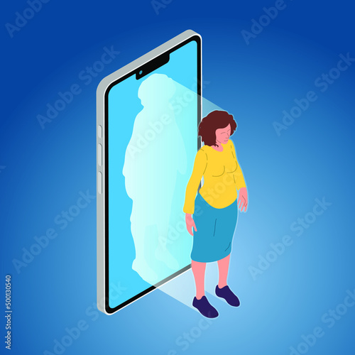 Person stepping out of smartphone screen. Modern lifestyle, cyberspace, augmented reality, virtual reality, digital detox.