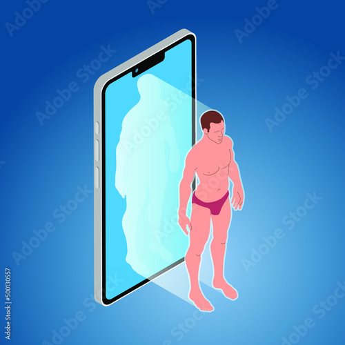 Person stepping out of smartphone screen. Modern lifestyle, cyberspace, augmented reality, virtual reality, digital detox.