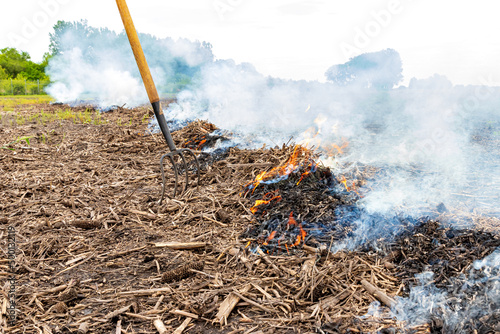 Cornfield fire with corn stover and trash burning in farm field. Farming, agriculture and flooding cleanup concept. photo