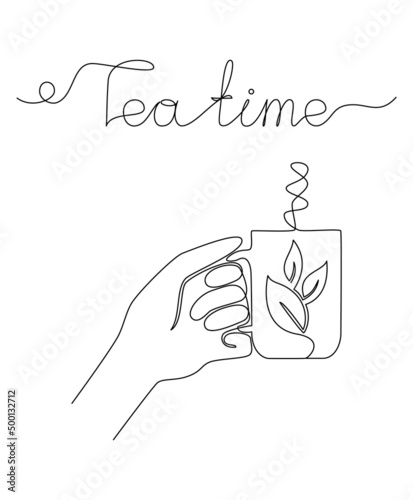 One line drawing of hand holding a mug of tea. Tea time lettering. Concept of a hot drink made from tea leaves. Template for print, postcard, invitation, poster. Sketch, line art. Minimalism