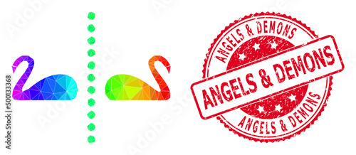 Fotografering Red round rubber ANGELS & DEMONS badge and low-poly separate swans icon with spectrum vibrant gradient