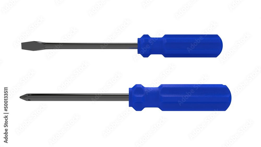 3d illustration. A beautiful view of blue screwdriver on a white blackground. Work tool for repair and fix. 3d illustration. A beautiful view of blue screwdriver on a white blackground. Work tool for repair and fix.