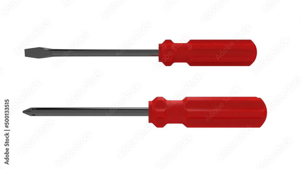 3d illustration. A beautiful view of red screwdriver on a white blackground. Work tool for repair and fix. 3d illustration. A beautiful view of red screwdriver on a white blackground. Work tool for repair and fix.