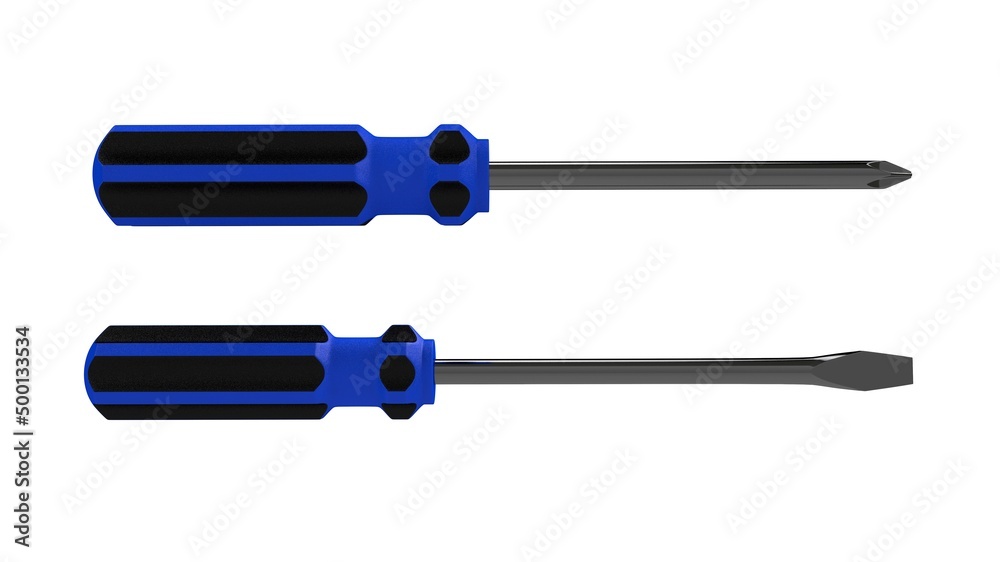 3d illustration. A beautiful view of blue screwdriver on a white blackground. Work tool for repair and fix.