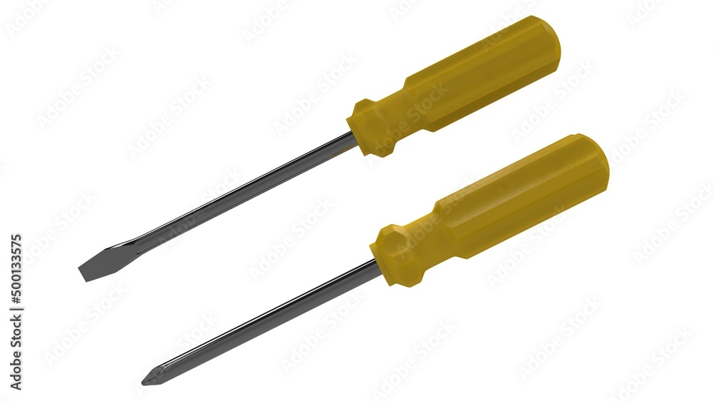3d illustration. A beautiful view of yellow screwdriver on a white blackground. Work tool for repair and fix.