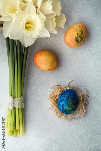 blue and easter eggs, easter decotation photo