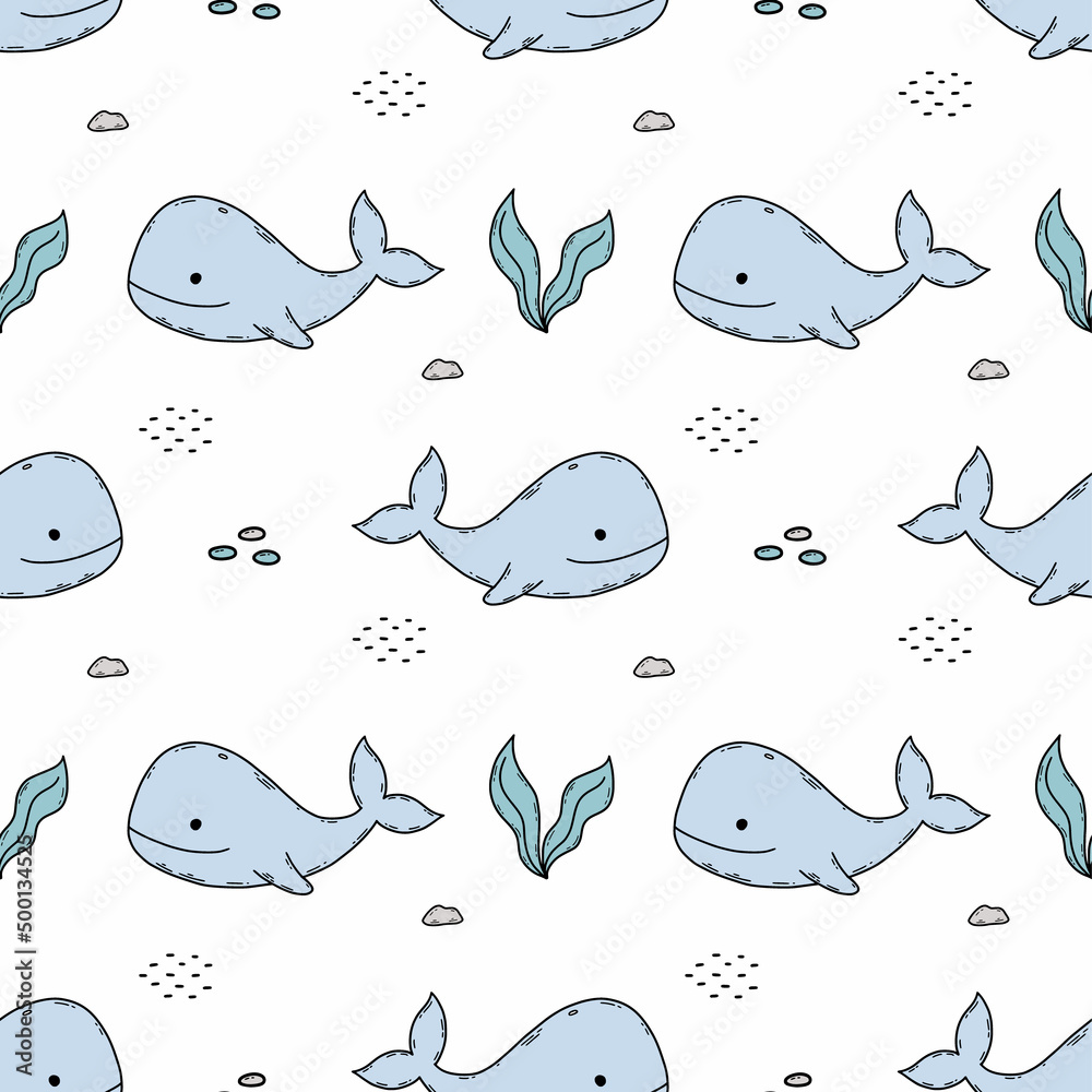 Seamless pattern with cute whale in sea. Endless wallpaper in nursery. Printing on fabric and wrapping paper. Seamless pattern with cute whale in sea. Endless wallpaper in nursery. Printing on fabric and wrapping paper.