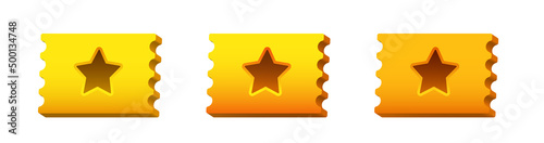 3d golden tickets. Cartoon 3D tickets with a star in the center. Vector clipart isolated on white background. 