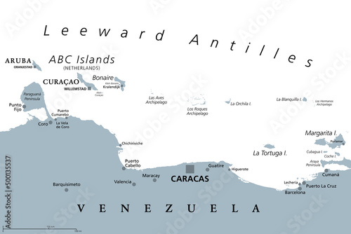Leeward Antilles, gray political map. Caribbean island chain. From Aruba, Curacao and Bonaire to La Tortuga and Margarite Island. Southerly islands of the Lesser Antilles, north the Venezuelan coast. photo