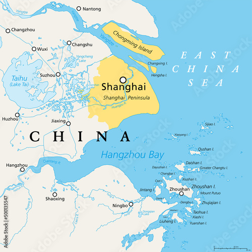 Shanghai and the Yangtze River Delta, political map with major cities. Megalopolis of China, located where the Yangtze River drains into the East China Sea, with Hangzhou Bay and Zhoushan Archipelago.