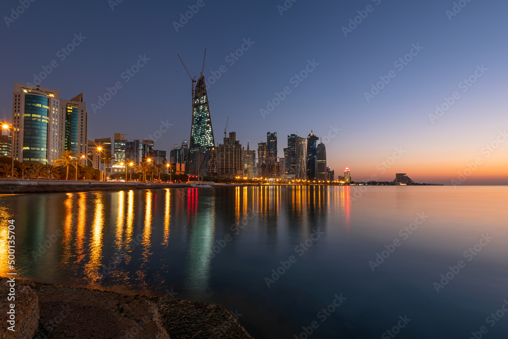 Doha Skyline view early morning. Doha Corniche beach